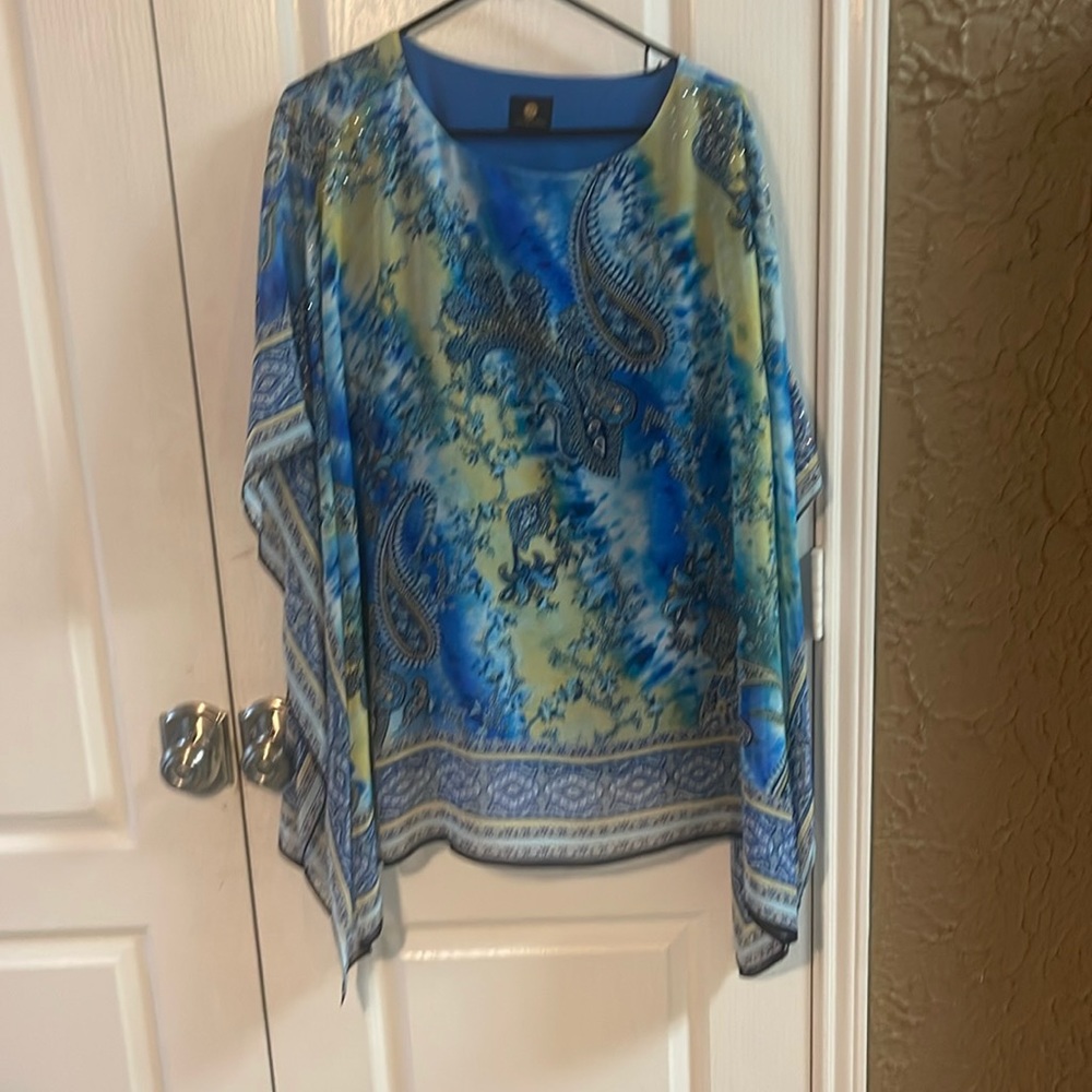 JM Collection Blue and Yellow Paisley Print Flowing Blouse